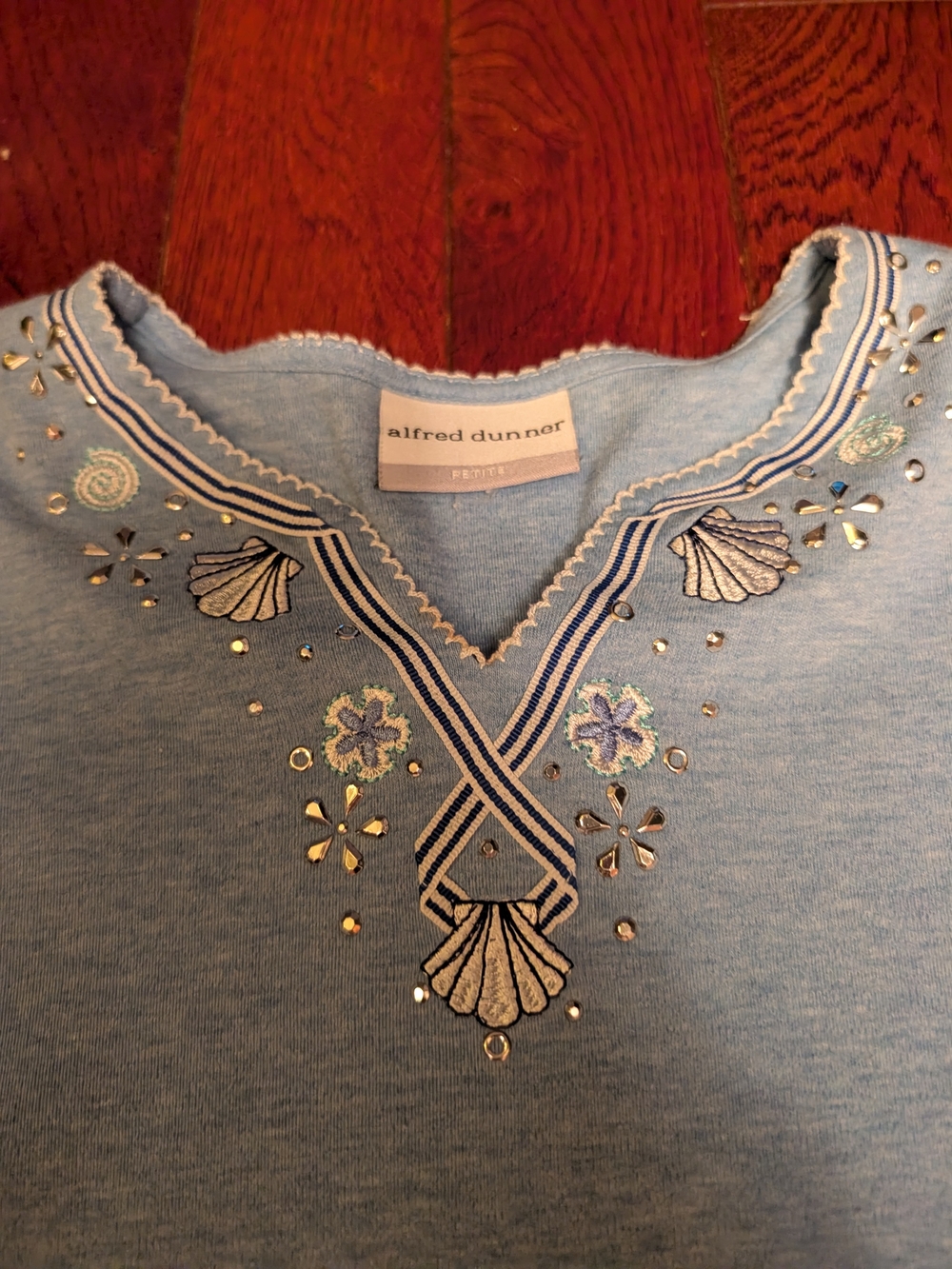 Alfred Dunner Light Blue Short-Sleeve Embellished Top